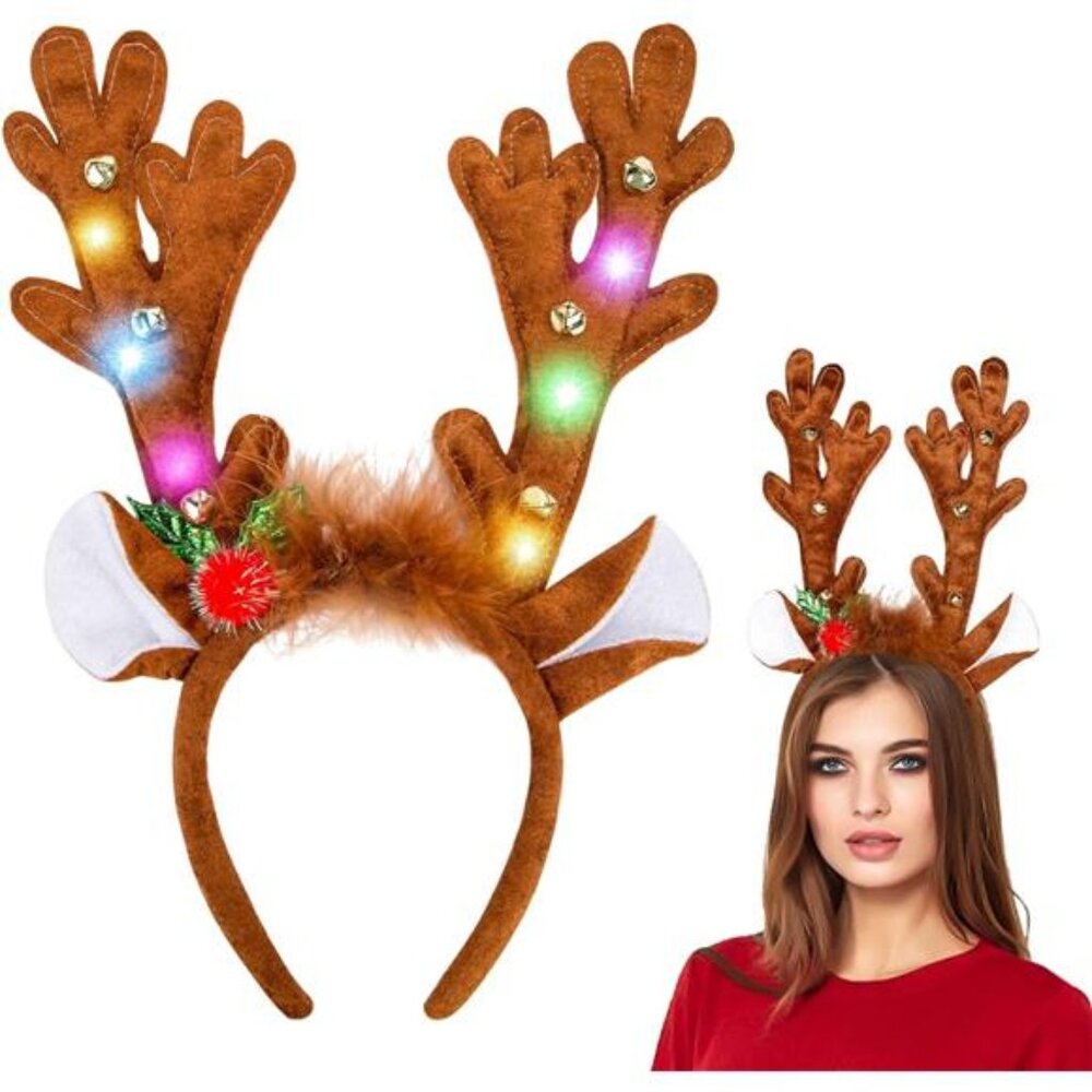 LED Reindeer Antlers Headband - Light-Up with Bells for Christmas Ears Hairband